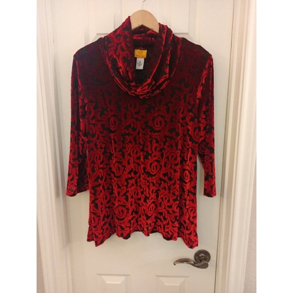 Red Tops - Women's Ruby Rd. Red/Black Velvet Soft Cowl Neck Elegant Blouse Size Medium
